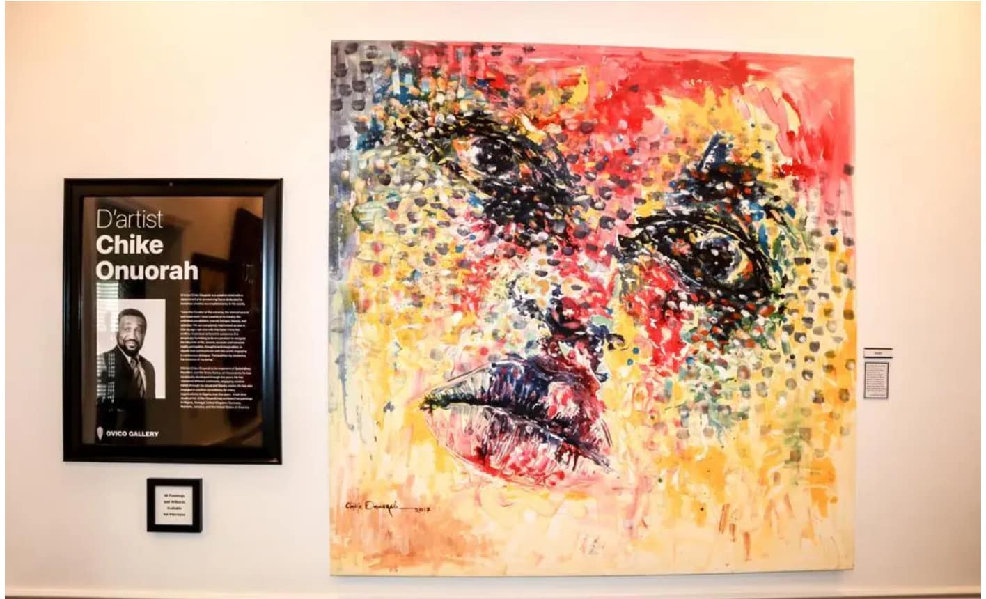 Abstract portrait painting by Nigerian artist Chike Onuorah displayed at Ovico Gallery, celebrating vibrant African art and emotional expression through color and texture.