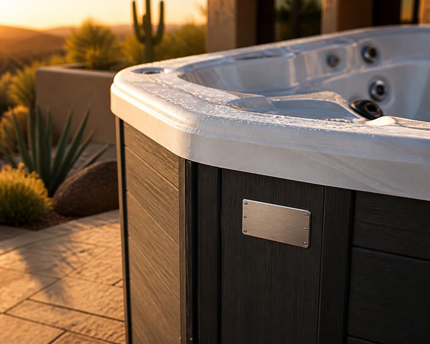 Close detail of a Garden Leisure hot tub cabinet corner and acrylic shell edge