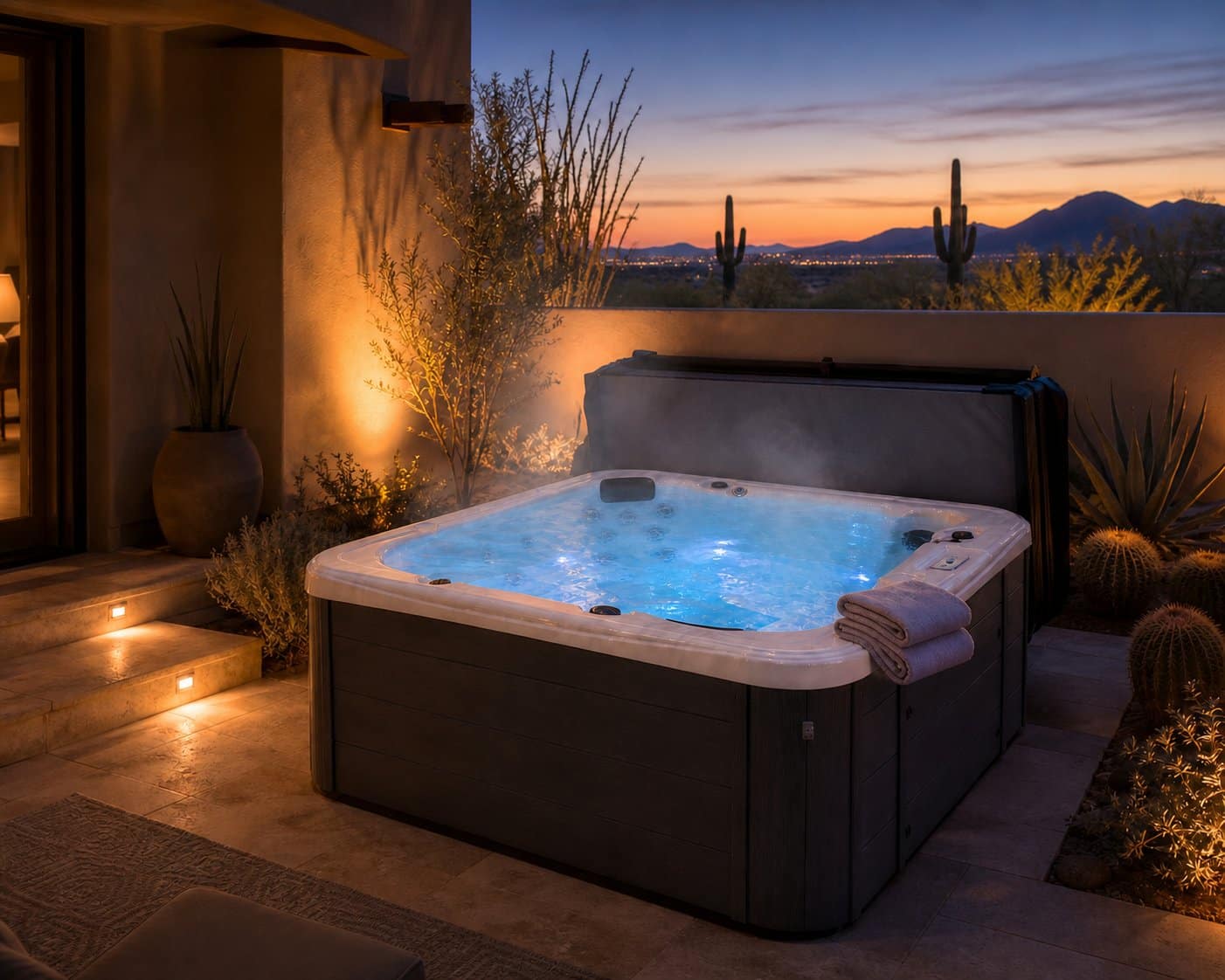 A Garden Leisure hot tub filled and lit at dusk on the evening it is ready to use
