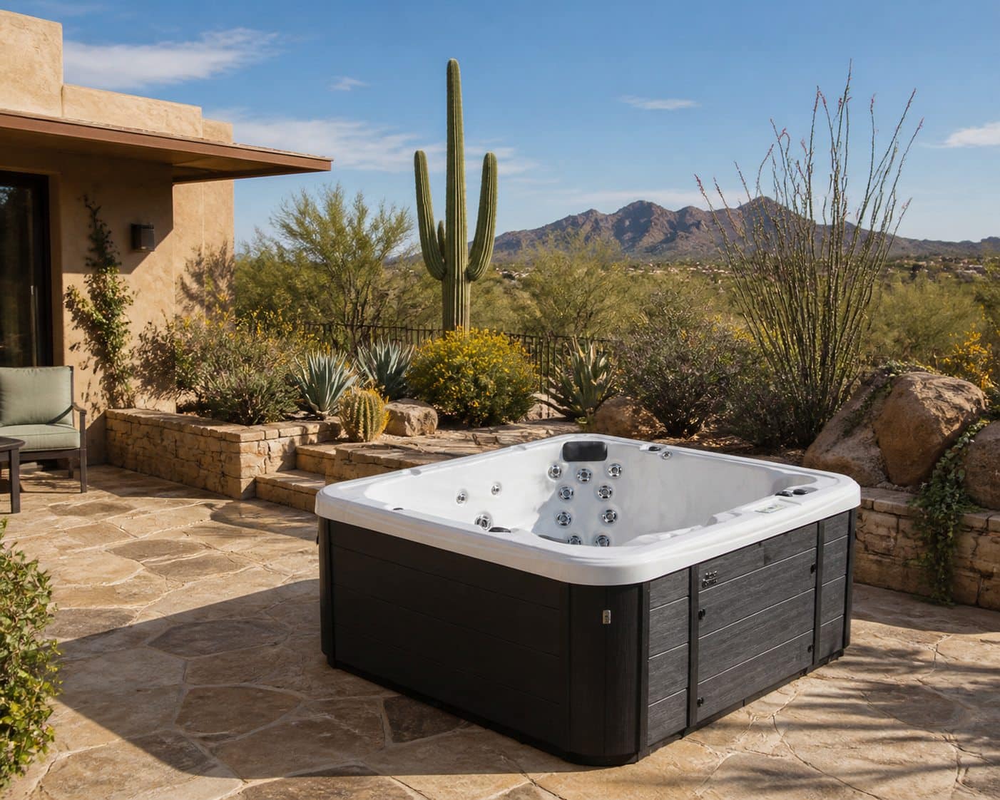 A Garden Leisure hot tub in a mature desert garden, still pristine after years