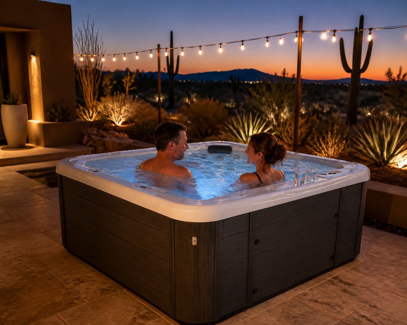 Two people talking together in a Garden Leisure hot tub at dusk under string lights