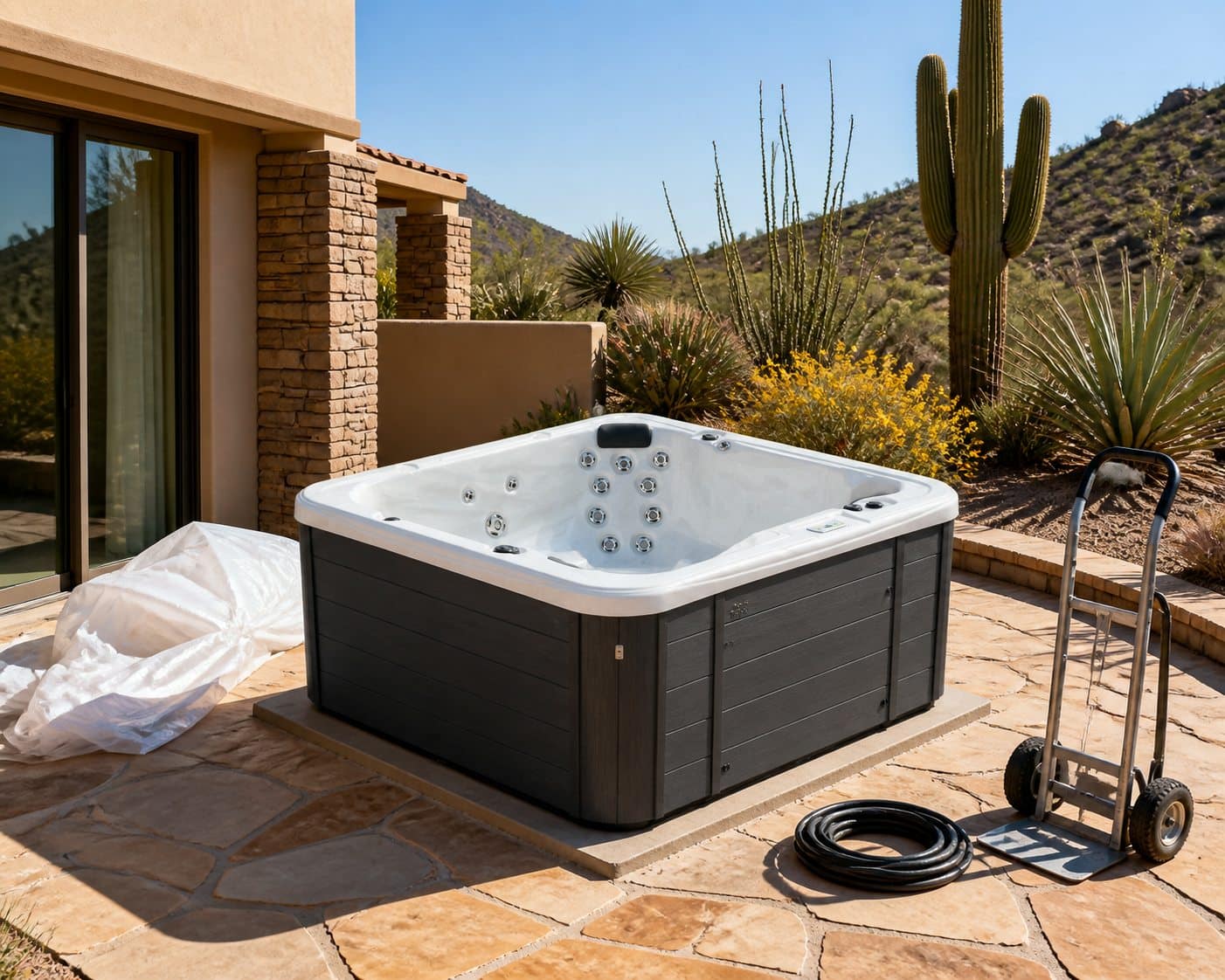 A Garden Leisure hot tub newly set in place on a patio with protective wrapping being removed