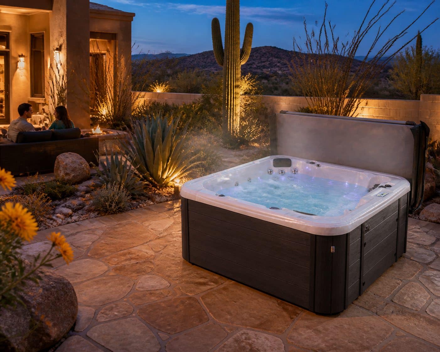 A Garden Leisure hot tub fully installed, filled and lit on a finished desert patio at dusk