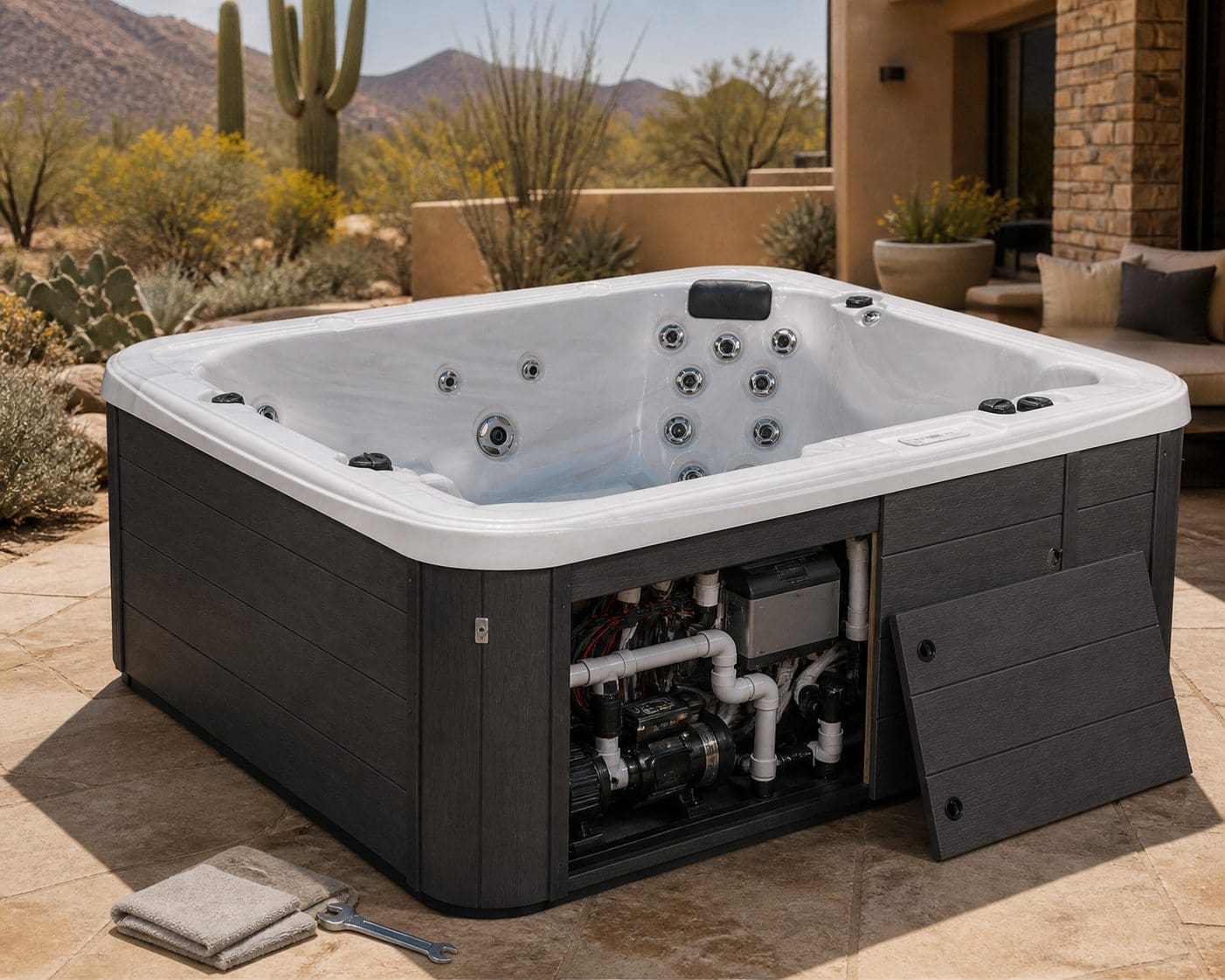 A Garden Leisure hot tub with an access panel removed showing the pump and plumbing