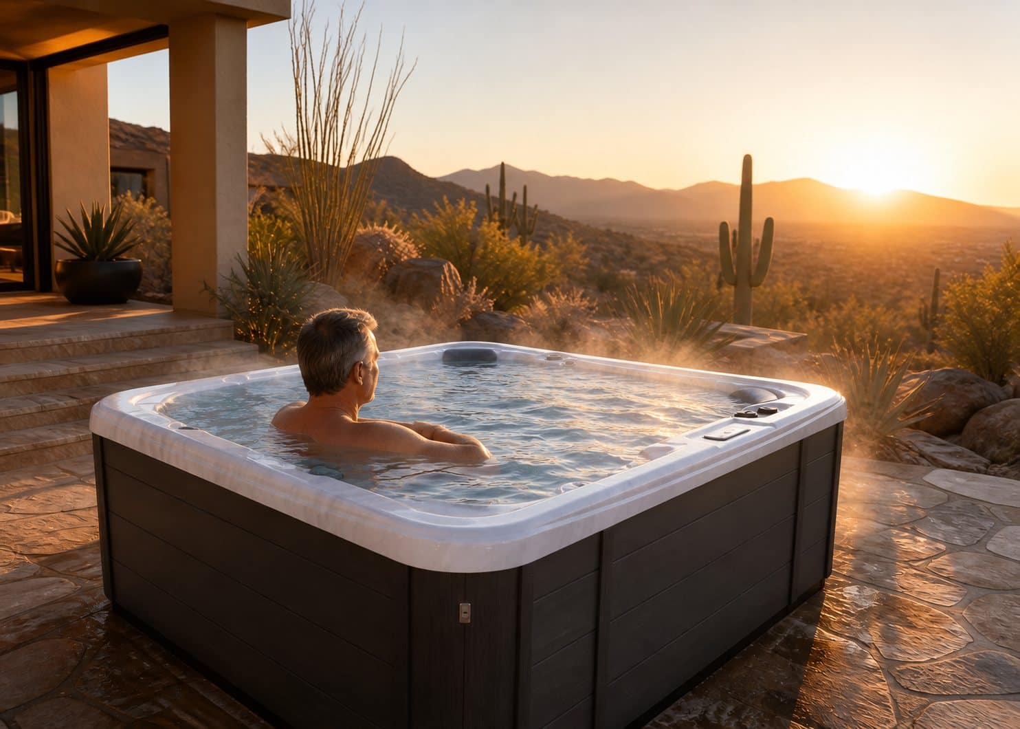 A man relaxing in a Garden Leisure hot tub at sunrise, looking out over the Sonoran Desert