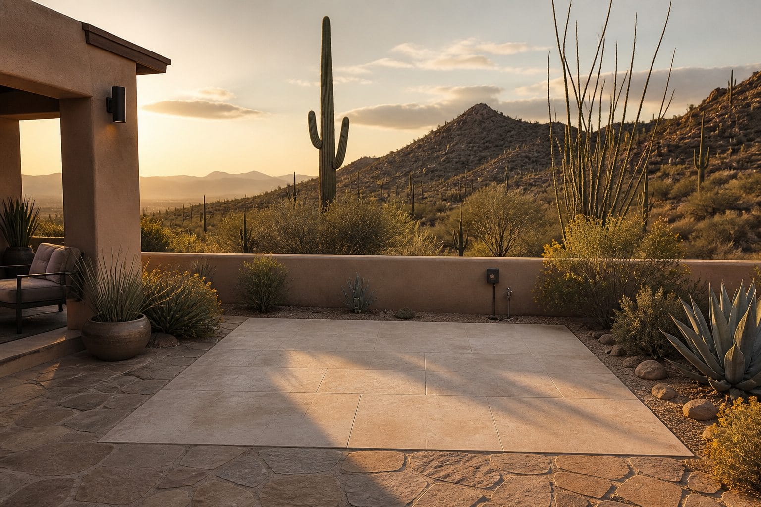 An empty level patio in a desert backyard, ready for a hot tub to be placed