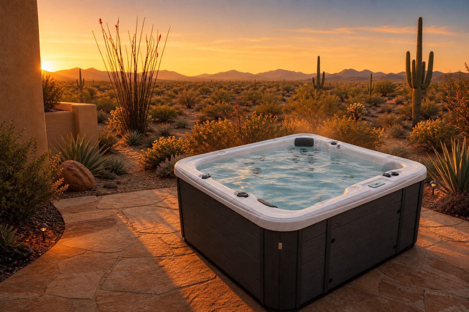 A Garden Leisure hot tub on a flagstone patio in a Sonoran Desert backyard at golden hour
