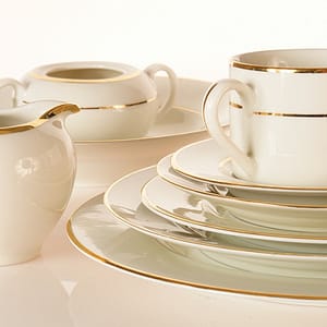 Rental Ivory Gold Band Tableware