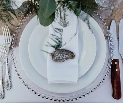 Belmont Silver Glass Beaded Charger with Royal White Plates by Event Rents INW