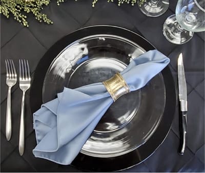 Black Charger, Clear Plate, Storm Lamour Napkin, Metro Flatware, Fortessa Steak Knife - Event Rents