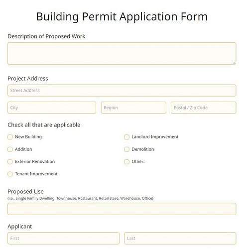 Blank building permit form highlighting fields needed for deck construction permits, including project address, proposed use, and work description.