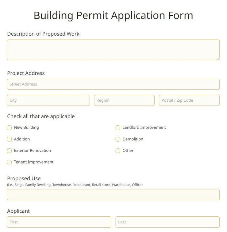 Blank building permit form showing fields for description of proposed work, project address, proposed use, and other required details.