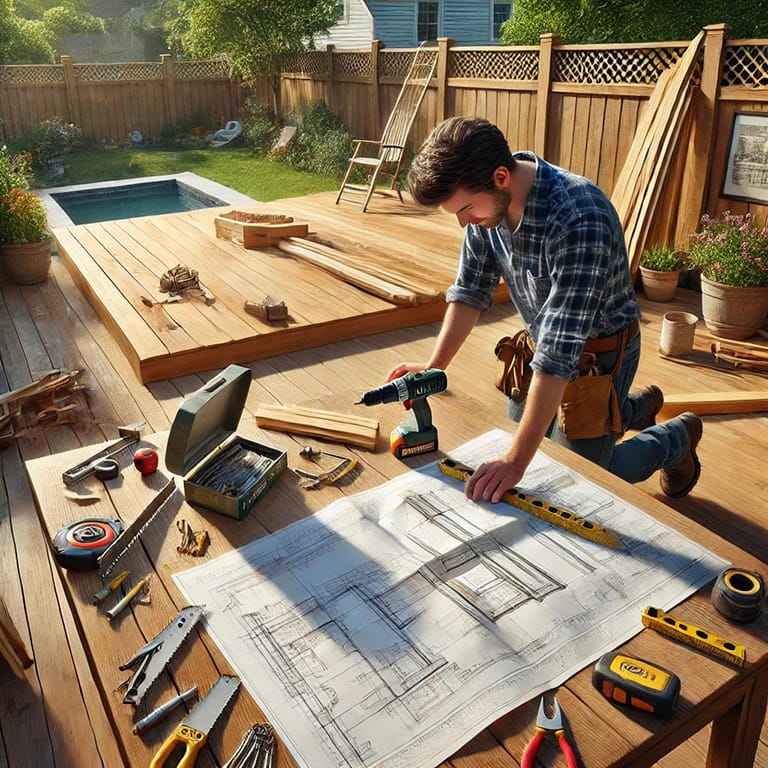 A homeowner working diligently on building a deck, showcasing their learning process and determination to complete the project.