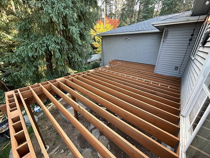 Pressure treated deck framing with a large green tree near the edge, viewed from the corner next to the house.