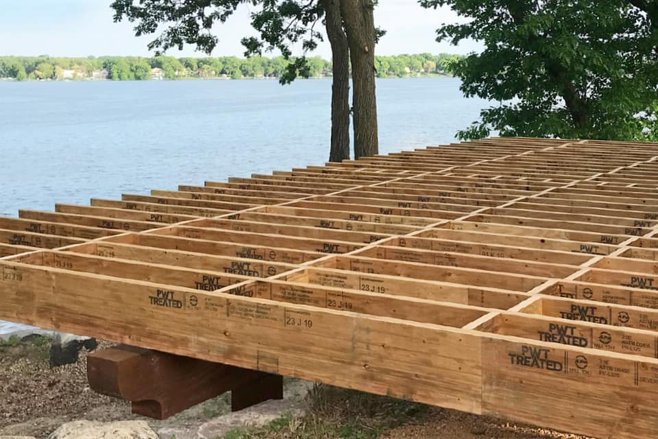 Pressure-treated LVL deck overlooking a lake in Spokane, Washington.