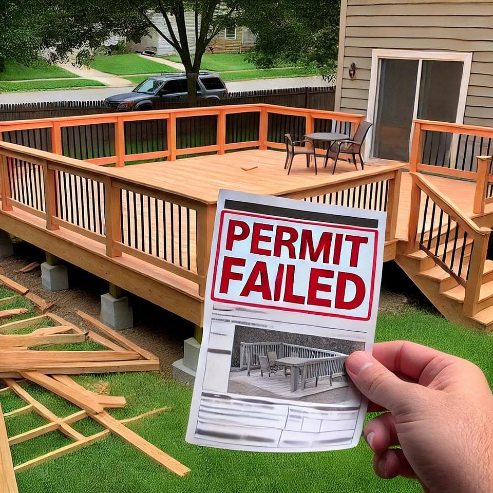 A deck constructed by a homeowner displaying a "PERMIT FAILED" paper prominently on it. The deck appears newly built but may not meet code requirements.