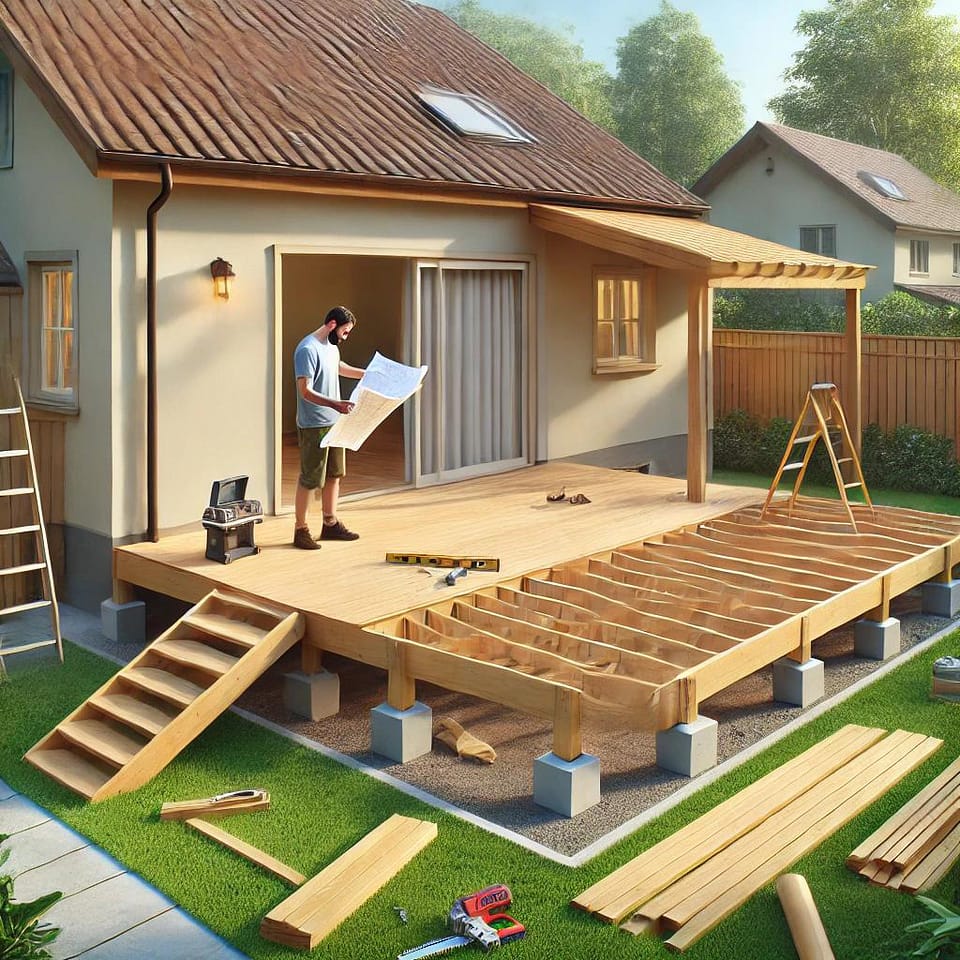 A homeowner thoughtfully reflecting on their options for building a deck, showcasing the decision-making process and careful planning.