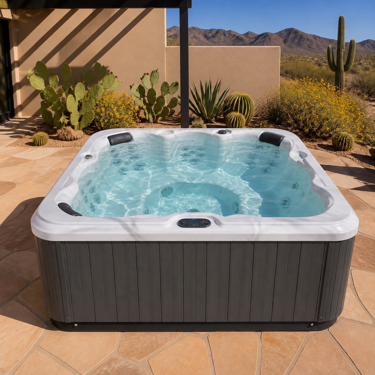 A Garden Leisure hot tub on a desert patio with mountains behind