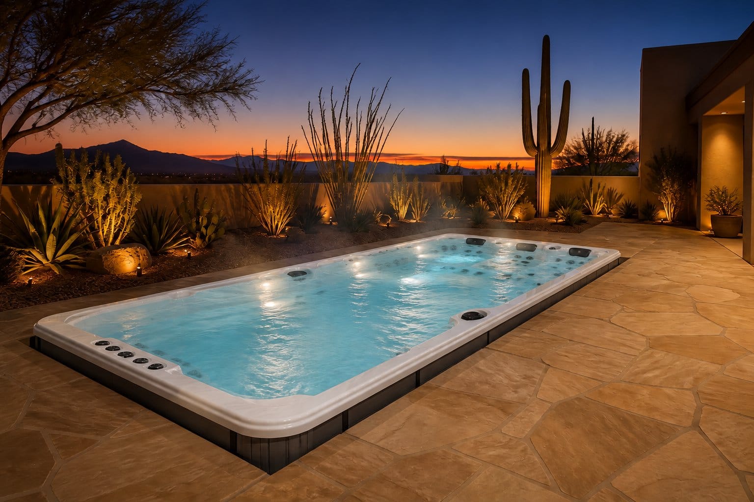 A Garden Leisure swim spa on a desert patio at dusk