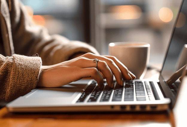 woman with ring typing on laptop