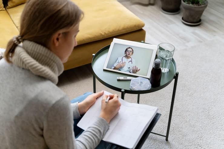 A patient taking notes while reviewing information from an online doctor on a tablet screen.