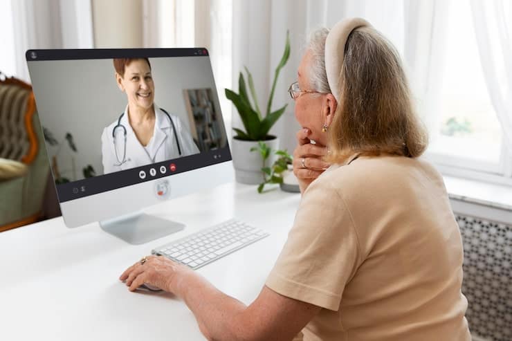 An older woman speaking with a doctor during a video telehealth appointment.